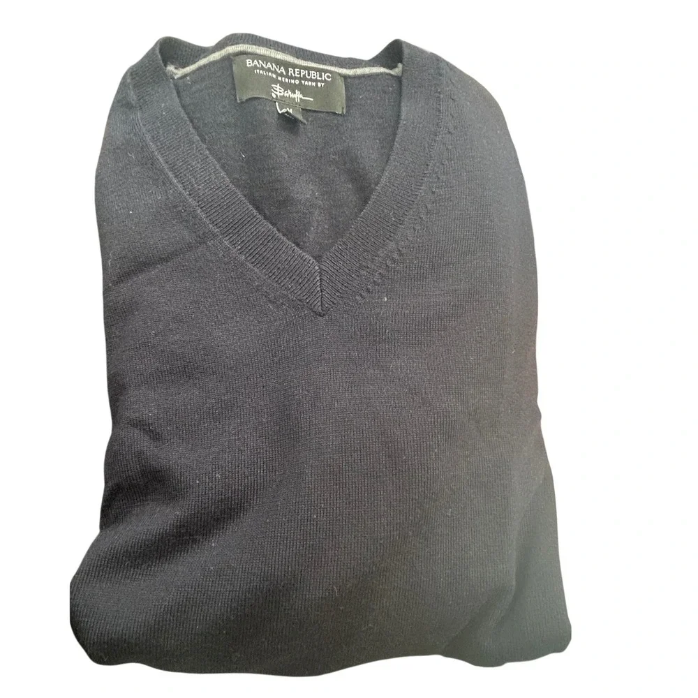 Banana Republic Men Merino Wool V-Neck Sweater Preppy Navy Blue Baruffa M 337268